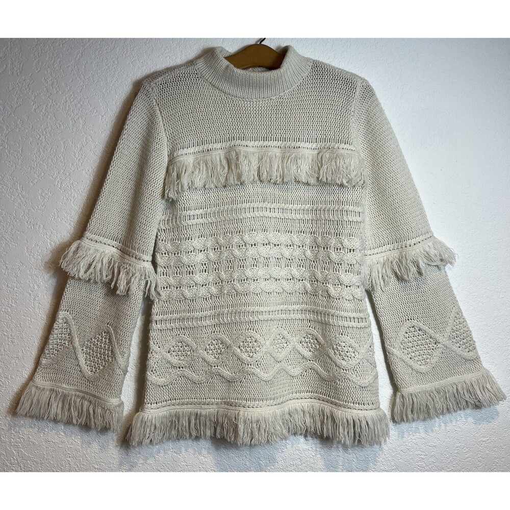 BB Dakota Womens Long Sleeve Mock Neck Fringe Trim Pullover Sweater Cream Size S